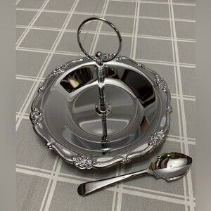 NOS Vintage Chrome Serving Tray Detachable Handle Serving Spoon Original Box